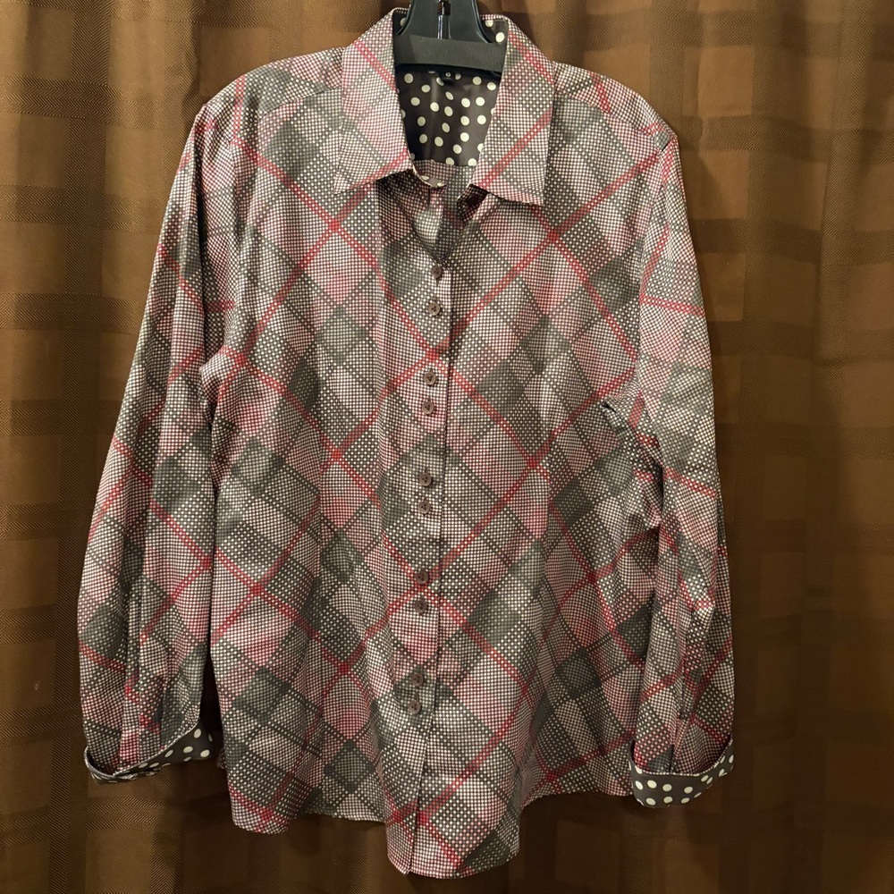 FOXCROFT Sz 18 Fitted Brown and Pinks Dot and Plaid Button Front Blouse